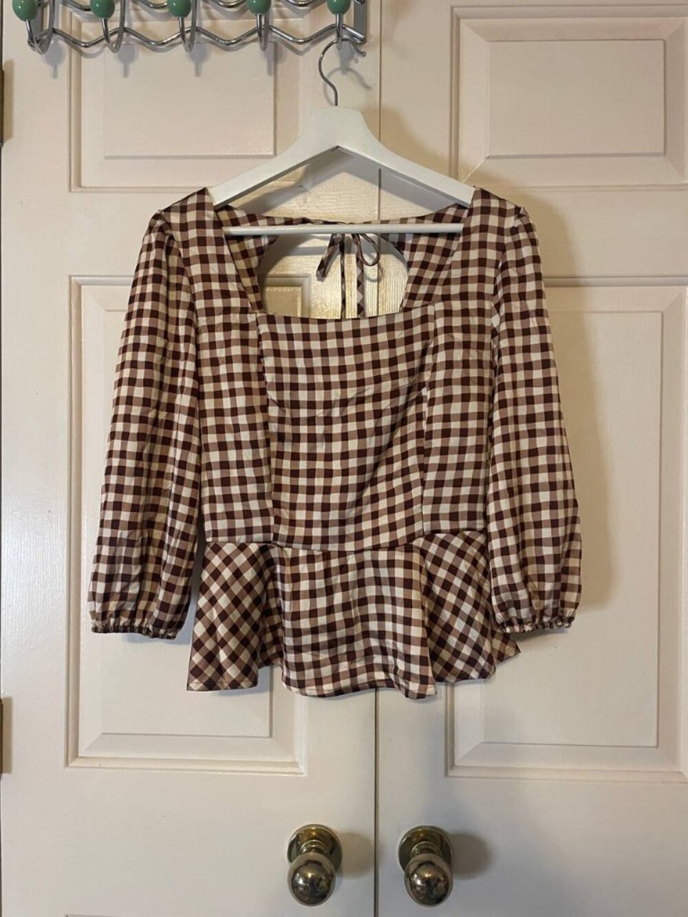 NWT Monteau Gingham Peplum Blouse M - Cottagecore Square Neck Tie Back Top